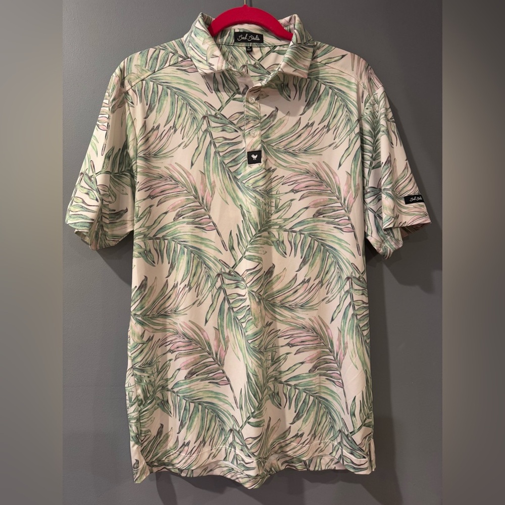 Bad Birdie Hammock Hunter colorful palm leaves stretch golf polo shirt medium